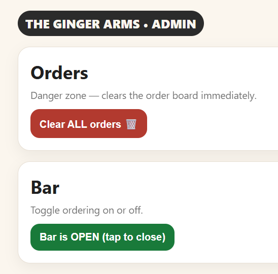 Admin controls for managing orders and bar availability