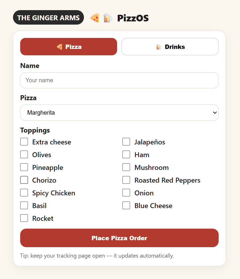 Guest-facing ordering interface for The Ginger Arms