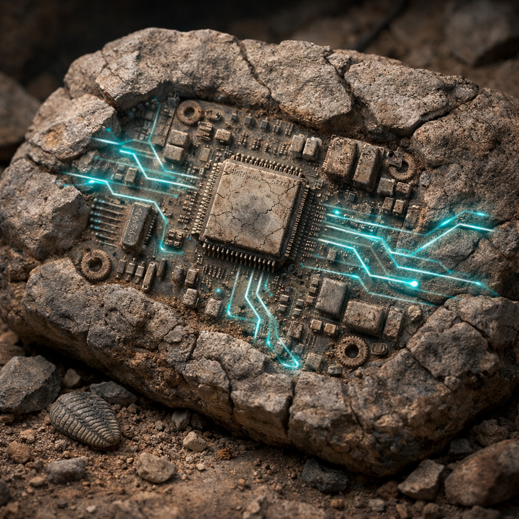 Fossilised circuit board embedded in stone with glowing data lines